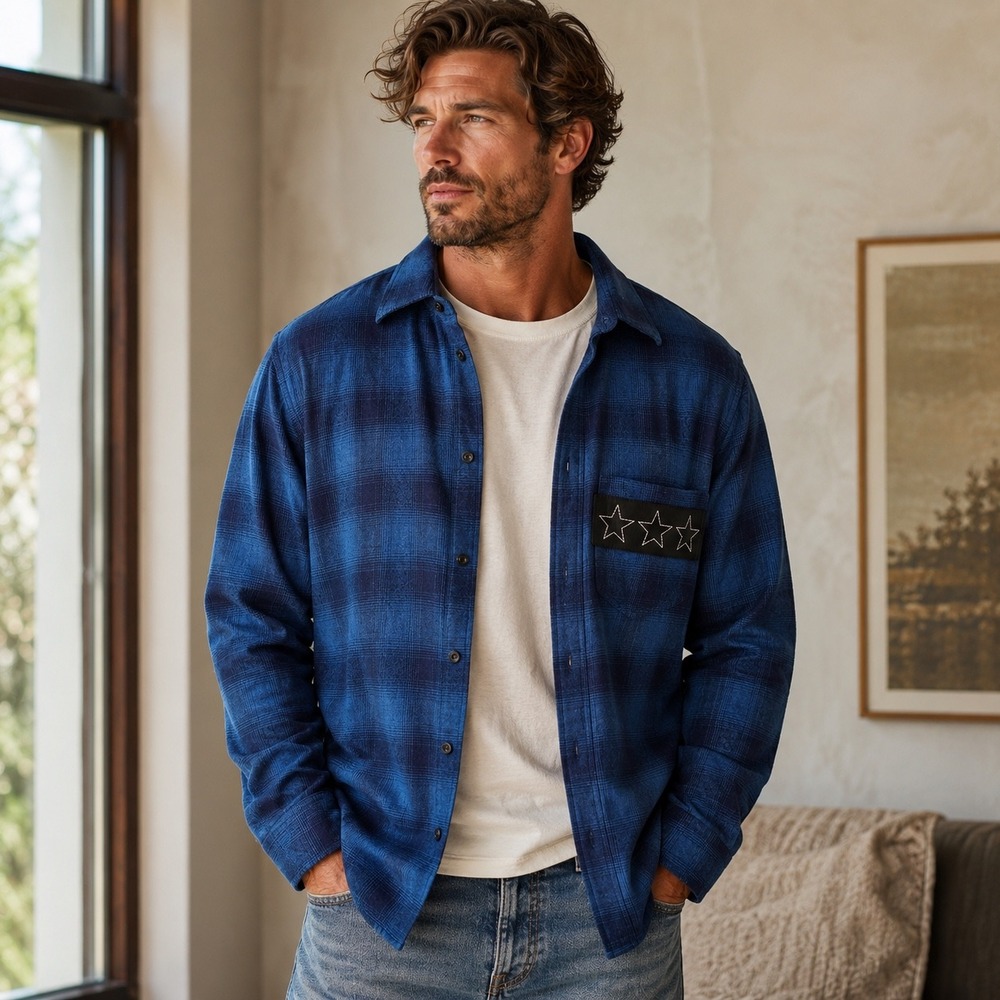 Givenchy Paris Mens Blue Ombre Plaid Star Leather Patch Flannel Shirt 43